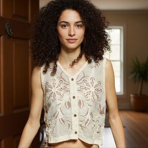 POL Embroidered Floral Granny Crochet Crop Top Wooden Button-Up V-neck Vest